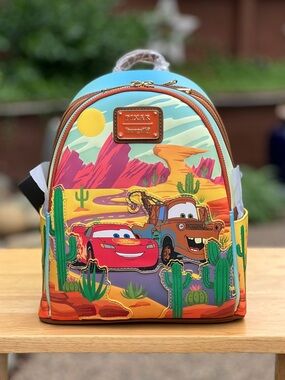 Loungefly Disney Pixar Cars Lightning McQueen And Tow Mater Desert Backpack NWT